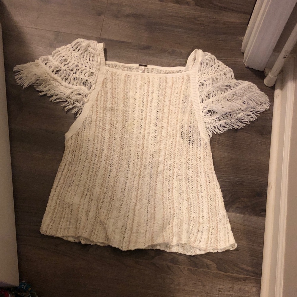 Free People Ivory Textured Blouse with Fringe Sleeves